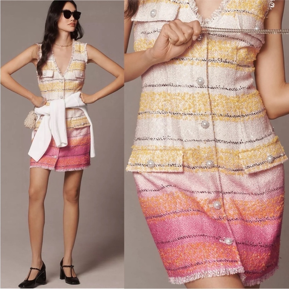 Anthropologie Maeve Sleeveless Tweed Mini Dress Ombre Pink Pearl Buttons 14 NEW